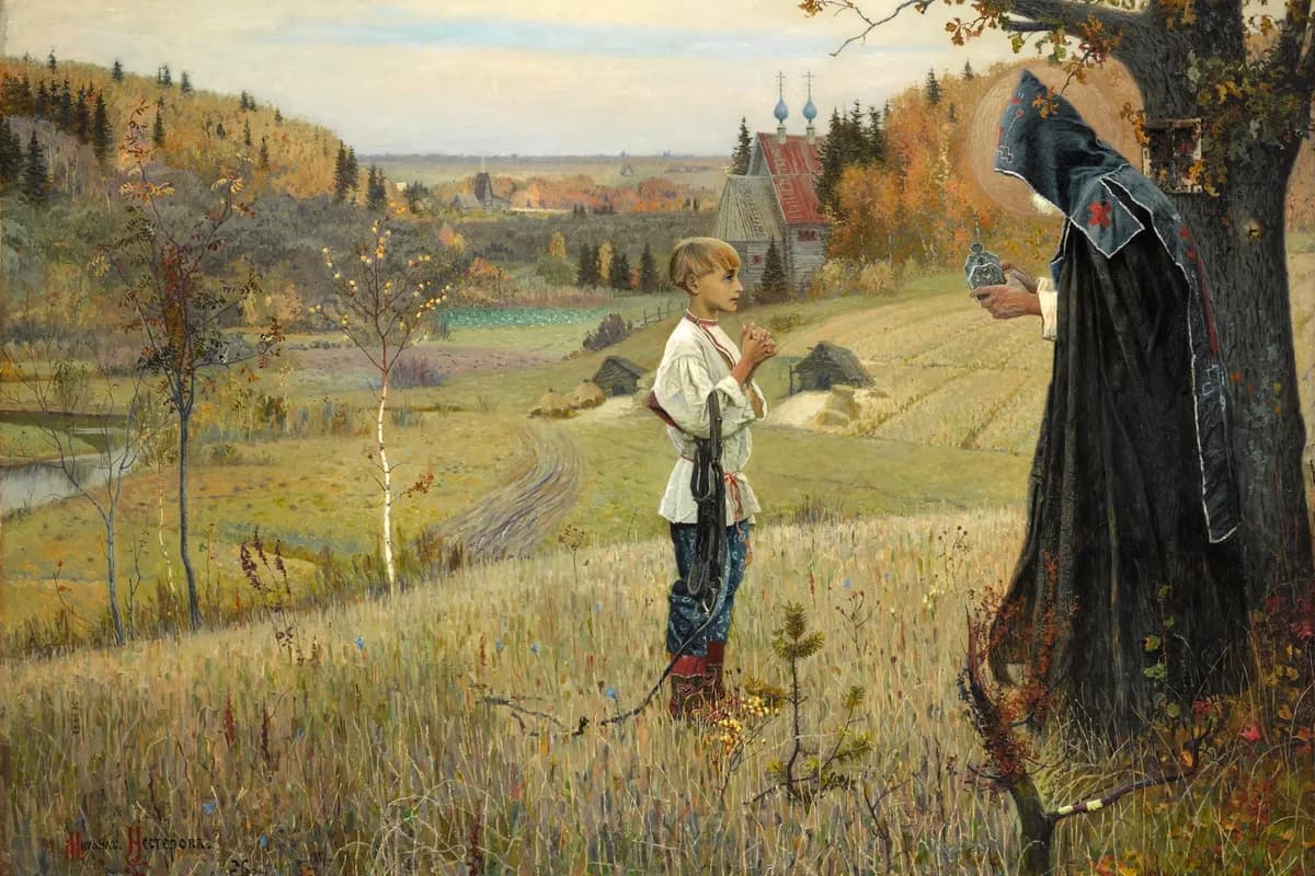 Отрок Варфоломей стоит перед молящимся старцем.